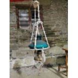 19th. C. painted metal hanging oil lamp with brass bowl and green glass shade { 92cm H X 33cm Dia }.