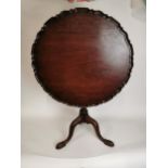 Irish Georgian mahogany pie crust tilt top wine table on turned column on three out swept pad