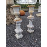 Pair of cast iron urns on pedestals. {82 cm H x 18 cm W x 18 cm D}.