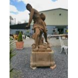 Good quality moulded sandstone statue of Warrior on platform base. {217 cm H x 120 cm W x 90 cm D}