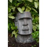 Composite garden sculpture of Easter island head. {45 cm H x 30 cm W}.
