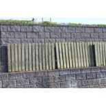 Collection of wooden picket fencing with two gates. {100 cm H x 31.7 Metres W x 5 cm D}.