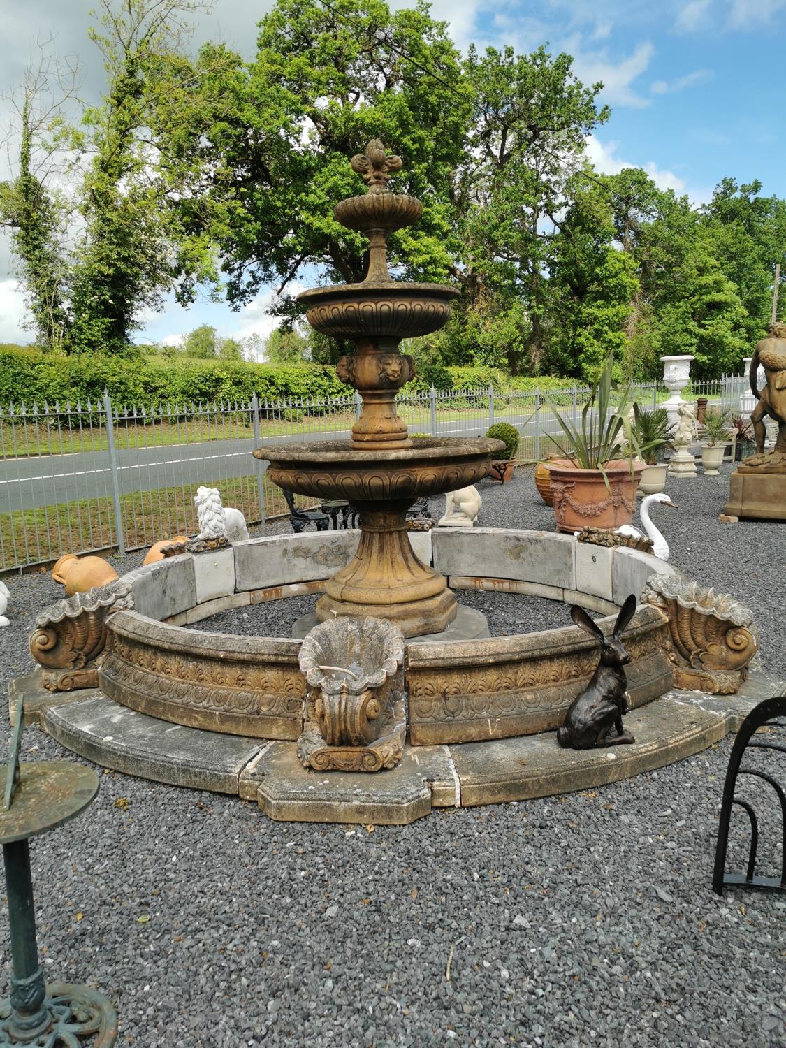 Exceptional three tiered moulded stone French water foutain with surround decorated with shells