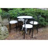 Garden table with mosaic top raised on cast iron base with four metal and leather upholstered