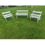 Three piece cast iron garden suite with wooden slats. { Settee 80cm H X 240cm W X 50cm D, Chairs