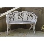 Two seater aluminium and wood garden bench with fern leaf decoration {81 cm H x 117 cm W X 34 cm