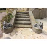 Pair of composition recumbent Lions. {38 cm H x 43 cm W x 69 cm D}.