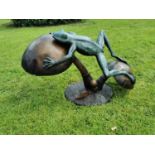 Exceptional quality bronze model of a Frog in motion leaping on a toad stool {54 cm H x 86 cm W x 44