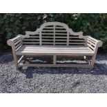 Teak Lutyens garden bench {105 cm H x 95 cm W x 50 cm D}.