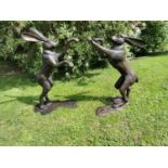 Exceptional quality bronze models of fighting hares {87 cm H x 60 cm W x 30 cm D and 75 cm H x 65 cm