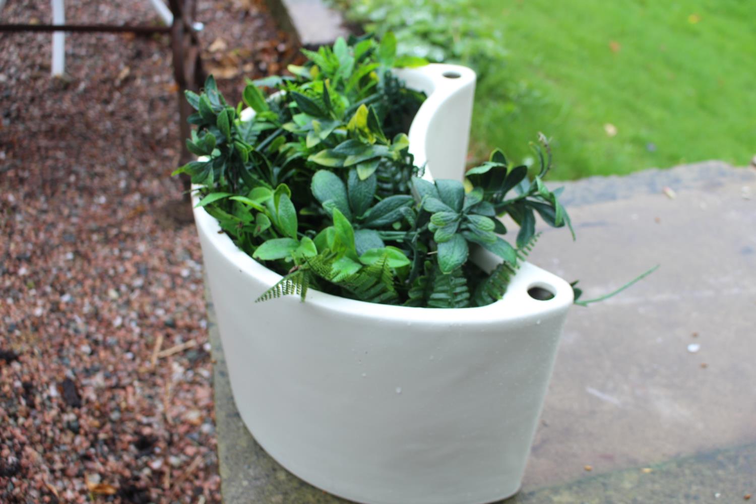 Pair of ceramic demi lune planters. {25 cm H x 44 cm W x 32 cm D} - Bild 2 aus 2