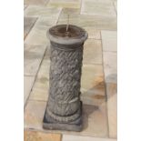 Brass sundial on composition pedestal decorated with vines. {73 cm H x 26 cm Dia}.