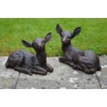 Pair of cast iron models of seated Fawns. {25 cm H x 33 cm W x 16 cm D}.