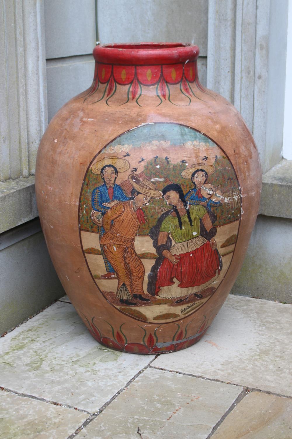 Terracotta double sided olive pot with painted scene {90 cm H x 66 cm Dia.}