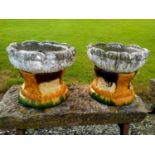 Pair of glazed planters with stone tops. {40 cm H x 47 cm Diam}.