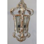 Unusual painted metal acanthus leaf lantern with three branch lights in the centre {100 cm H x 52 cm