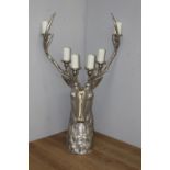 White metal six branch candle holder in the form of a Stag's head. { 136cm H X 35cm W }.