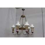 Decorative six branch brass chandelier the bowls decorated with Venetian scenes with milk glass