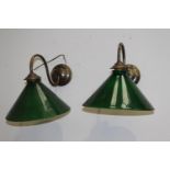 Pair of brass wall lights with green glass shades {22 cm H x 25 cm W x 35 cm D}.