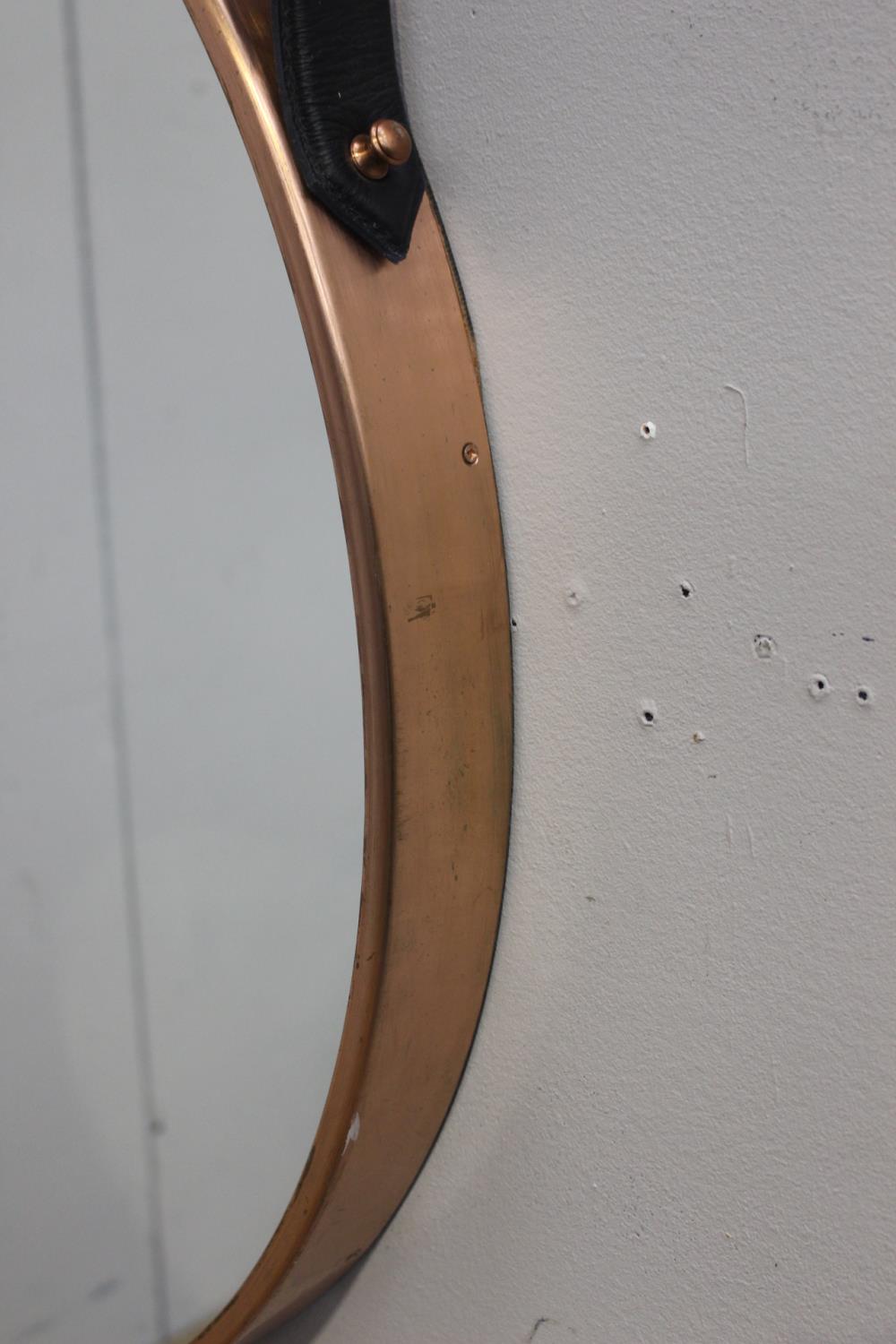 Copper framed mirror with hanging leather strap {76 cm Dia. X 5 cm D}. - Bild 2 aus 2