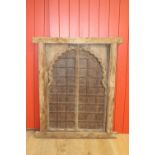 Pitch pine window frame with metal insert in the Moroccan style {128 cm H x 108cm W x 5 cm D}.
