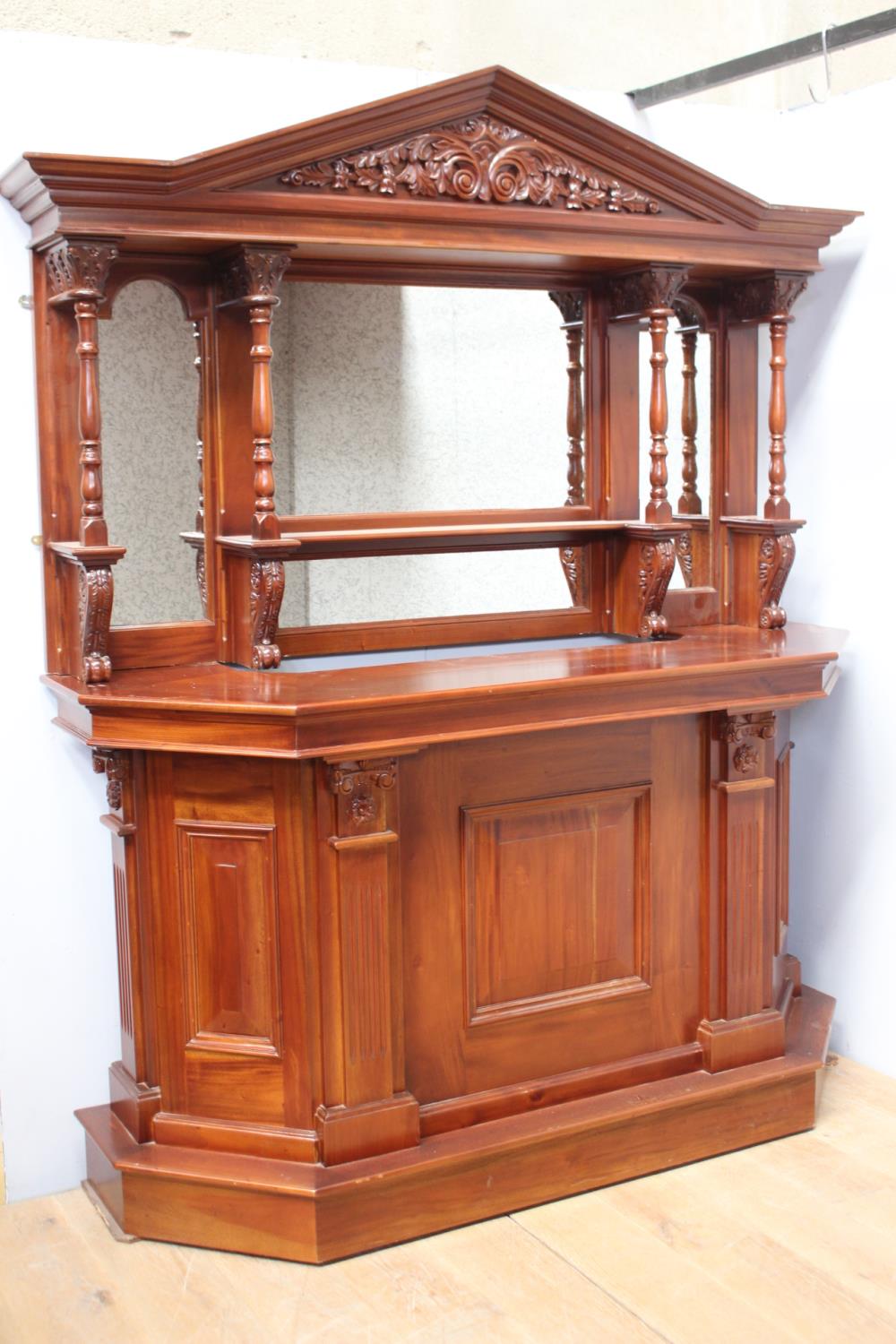 Mahogany bar back with mirror and bar counter {Back - 120 cm H x 174 cm W x 24 cm D and Counter