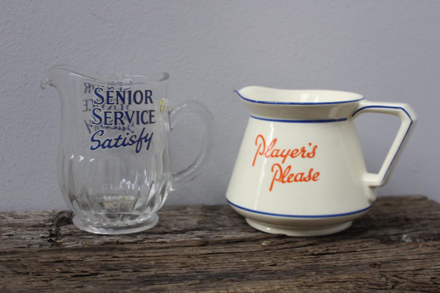 Pair of advertising water jugs - Senior Service Satisfy and Player's Please {10 cm H x 14 cm W and