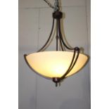 Metal hanging light with alabaster shade {100 cm H x 56 cm Dia.}.