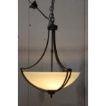 Metal hanging light with alabaster shade {100 cm H x 56 cm Dia.}.