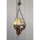 Brass and wood hanging oil lamp {90 cm H x 30 cm Dia.}.
