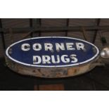 Corner Drugs enamel double sided sign. {91 cm H x 175 cm W x 30 cm D}