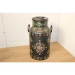 Black metal milk churn with painted floral design {58 cm H x 35 cm Dia.}.