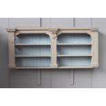 Painted pine hanging display unit with three shelves {82 cm H x 200 cm W x 32 cm D}.