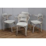 Set of four bleached wood washed gray armchairs with floral stencil {80 cm H x 64 cm W x 50 cm D}.