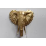 Painted gold metal wall mounted Elephant head {43 cm H x 39 cm W x 23 cm D}.