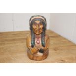 Solid wood Indian bust {52 cm H x 30 cm W x 20 cm D}.