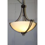 Metal hanging light with alabaster shade {100 cm H x 56 cm Dia.}.