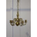 Five branch brass candelabra hanging light {80 cm H x 50 cm Dia.}.