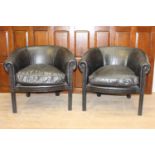 Pair of black leather upholstered tub chairs with removable leather cushion {78 cm H x 70 cm W x