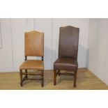 Two leather upholstered side chairs {120 cm H x 50 cm W x 48 cm D and 110 cm H x 45 cm W x 42 cm