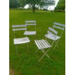 Set of four French metal and wood lawn chairs. {80 cm H x 43 cm W x 43 cm D}.