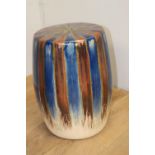 Blue and amber stripped ceramic garden stool{50 cm H x 34 cm Dia.}.