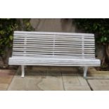 Wrought iron bench with wooden slats in rolltop design {80 cm H x 167 cm W x 60 cm D}