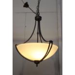 Metal hanging light with alabaster shade {100 cm H x 56 cm Dia.}.