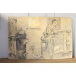 School Classroom scene large charcoal on canvas {200 cm H x 300 cm W x 5 cm D}.