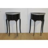 Pair of painted pine side tables with metal rim three drawers raised on cabriole legs {70 cm H x