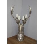 White metal six branch candle holder in the form of a Stag's head. { 136cm H X 90cm W X 60cm D }.