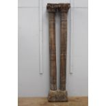 Pair of Corinthian top pillars mounted on stone base {240 cm H x 58 cm W x 28 cm D}.