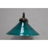 Brass wall light with green glass shade {22 cm H x 25 cm W x 35 cm D}.