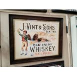 J. Vint & Sons Limited Old Irish Whiskey Belfast framed advertising print {54 cm H x 67 cm W}.